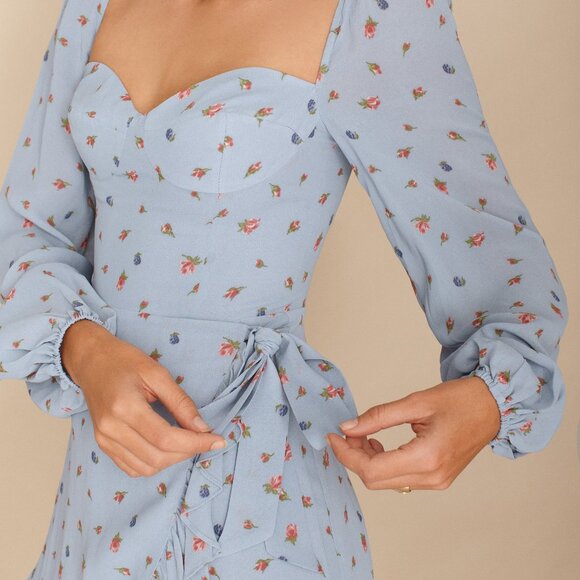 Reformation Blue Floral Cammi Dress Faux Wrap Long Sleeve Size 2 - Picture 2 of 8